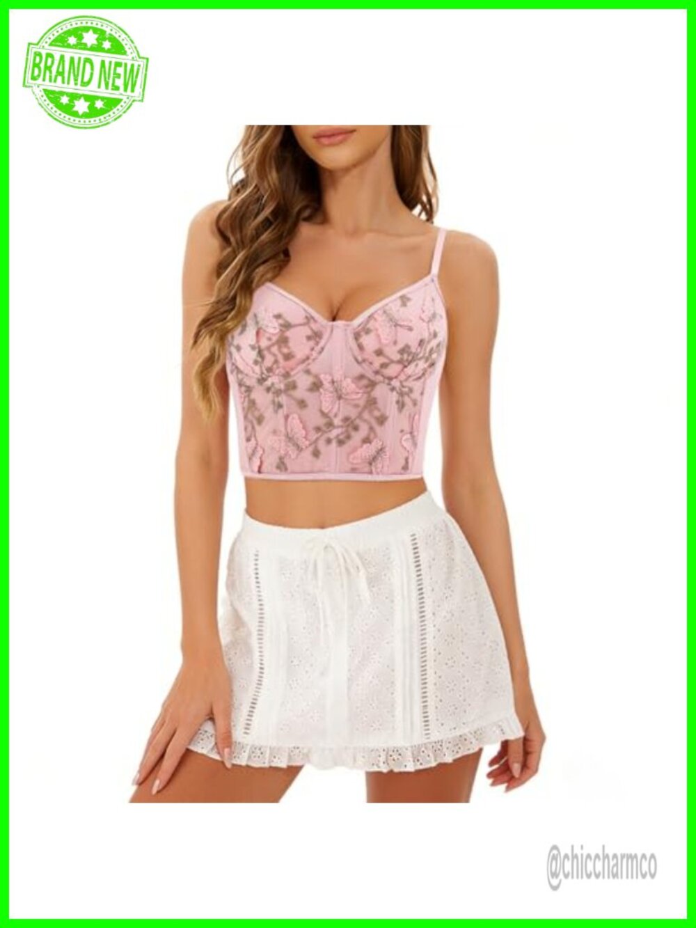 Mesh Floral Embroidery Spaghetti Strap Crop Top Lace Trim Bralette Bustier Cami
